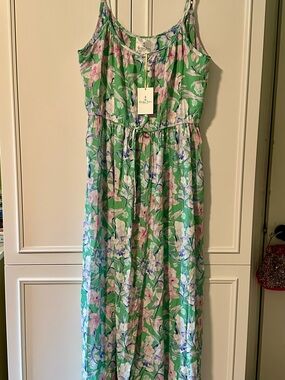NWT Golden Siren Resortwear Floral Green Maxi Dress with Pink & White Blooms L
